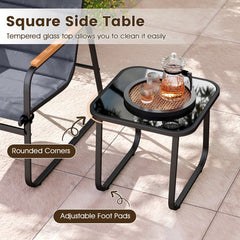 3 Piece Patio Bistro Set, 2 Sling Chairs Rated 330 lb with Removable Cushions, Wood Plastic Armrests and Glass Top Side Table, Grey