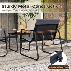 3 Piece Patio Bistro Set, 2 Sling Chairs Rated 330 lb with Removable Cushions, Wood Plastic Armrests and Glass Top Side Table, Grey