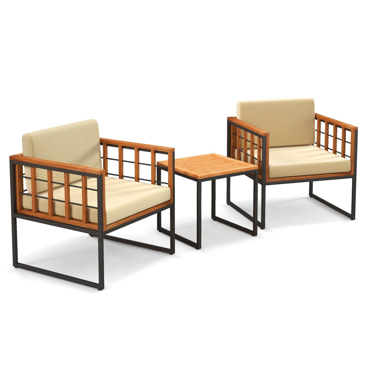 3 Piece Acacia and Metal Patio Set, 2 Chairs Rated 400 lb with Acacia Seats, Cream Cushions on Fixing Ties and 18 in Slatted Wood Table