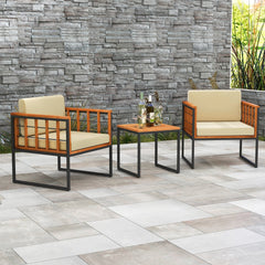 3 Piece Acacia and Metal Patio Set, 2 Chairs Rated 400 lb with Acacia Seats, Cream Cushions on Fixing Ties and 18 in Slatted Wood Table