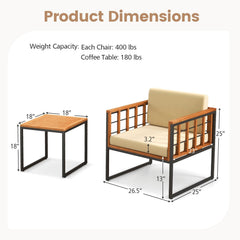 3 Piece Acacia and Metal Patio Set, 2 Chairs Rated 400 lb with Acacia Seats, Cream Cushions on Fixing Ties and 18 in Slatted Wood Table