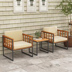3 Piece Acacia and Metal Patio Set, 2 Chairs Rated 400 lb with Acacia Seats, Cream Cushions on Fixing Ties and 18 in Slatted Wood Table
