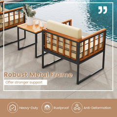3 Piece Acacia and Metal Patio Set, 2 Chairs Rated 400 lb with Acacia Seats, Cream Cushions on Fixing Ties and 18 in Slatted Wood Table