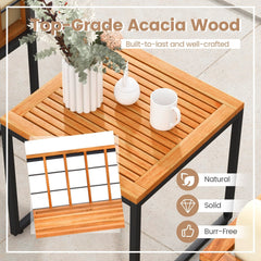 3 Piece Acacia and Metal Patio Set, 2 Chairs Rated 400 lb with Acacia Seats, Cream Cushions on Fixing Ties and 18 in Slatted Wood Table