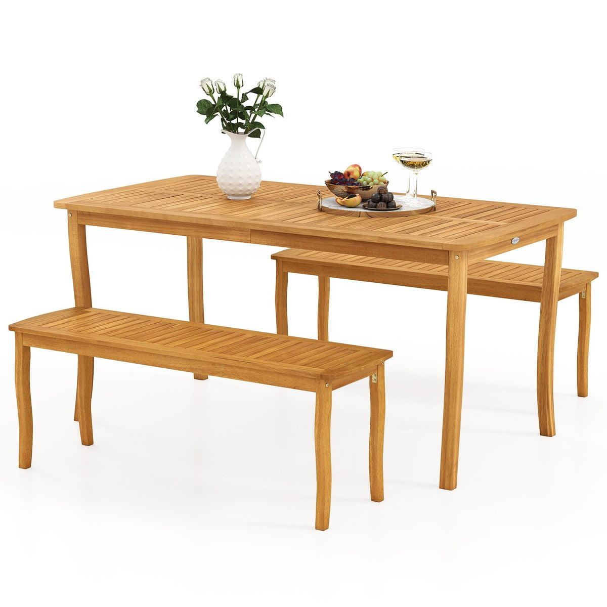 3 Piece Acacia Patio Dining Set, 63 Inch Slatted Table with Covered 1.97 Inch Umbrella Hole and 2 Benches