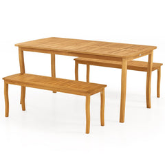 3 Piece Acacia Patio Dining Set, 63 Inch Slatted Table with Covered 1.97 Inch Umbrella Hole and 2 Benches