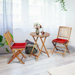 3 Piece Folding Acacia Wood Bistro Set, 2 Slatted Chairs with Red Cushions and a 23.5 in Round Table