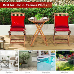 3 Piece Folding Acacia Wood Bistro Set, 2 Slatted Chairs with Red Cushions and a 23.5 in Round Table