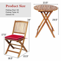 3 Piece Folding Acacia Wood Bistro Set, 2 Slatted Chairs with Red Cushions and a 23.5 in Round Table