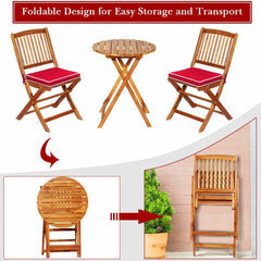 3 Piece Folding Acacia Wood Bistro Set, 2 Slatted Chairs with Red Cushions and a 23.5 in Round Table
