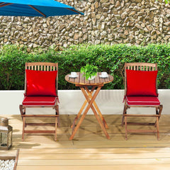 3 Piece Folding Acacia Wood Bistro Set, 2 Slatted Chairs with Red Cushions and a 23.5 in Round Table