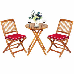 3 Piece Folding Acacia Wood Bistro Set, 2 Slatted Chairs with Red Cushions and a 23.5 in Round Table