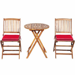 3 Piece Folding Acacia Wood Bistro Set, 2 Slatted Chairs with Red Cushions and a 23.5 in Round Table