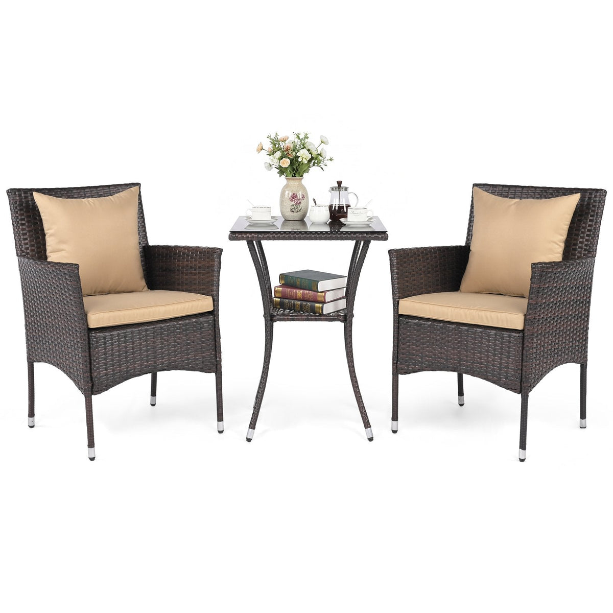 3 Piece Patio Wicker Bistro Set, 2 Chairs Rated 400 lb with Tan Cushions and a Two Tier Glass Top Table