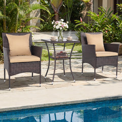 3 Piece Patio Wicker Bistro Set, 2 Chairs Rated 400 lb with Tan Cushions and a Two Tier Glass Top Table