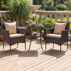 3 Piece Patio Wicker Bistro Set, 2 Chairs Rated 400 lb with Tan Cushions and a Two Tier Glass Top Table