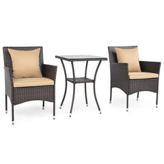 3 Piece Patio Wicker Bistro Set, 2 Chairs Rated 400 lb with Tan Cushions and a Two Tier Glass Top Table