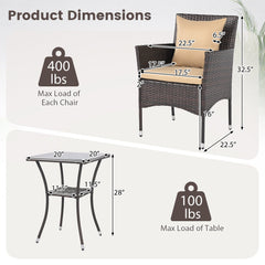 3 Piece Patio Wicker Bistro Set, 2 Chairs Rated 400 lb with Tan Cushions and a Two Tier Glass Top Table