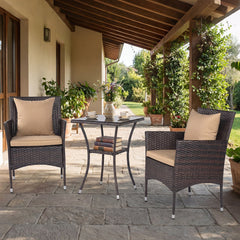 3 Piece Patio Wicker Bistro Set, 2 Chairs Rated 400 lb with Tan Cushions and a Two Tier Glass Top Table