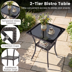 3 Piece Patio Wicker Bistro Set, 2 Chairs Rated 400 lb with Tan Cushions and a Two Tier Glass Top Table