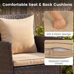 3 Piece Patio Wicker Bistro Set, 2 Chairs Rated 400 lb with Tan Cushions and a Two Tier Glass Top Table
