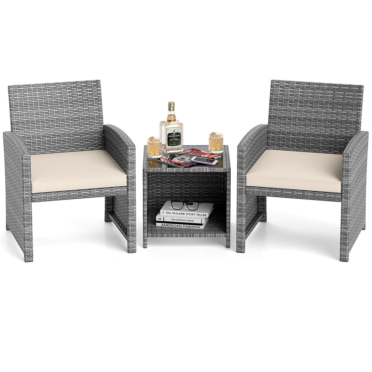 3 Piece Patio Rattan Bistro Set, 2 Grey Wicker Chairs Rated 400 lb with Beige Seat Cushions and an 18 in Glass Top Table with Shelf
