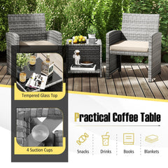 3 Piece Patio Rattan Bistro Set, 2 Grey Wicker Chairs Rated 400 lb with Beige Seat Cushions and an 18 in Glass Top Table with Shelf