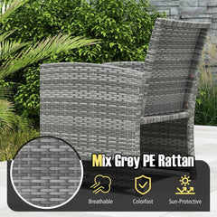 3 Piece Patio Rattan Bistro Set, 2 Grey Wicker Chairs Rated 400 lb with Beige Seat Cushions and an 18 in Glass Top Table with Shelf
