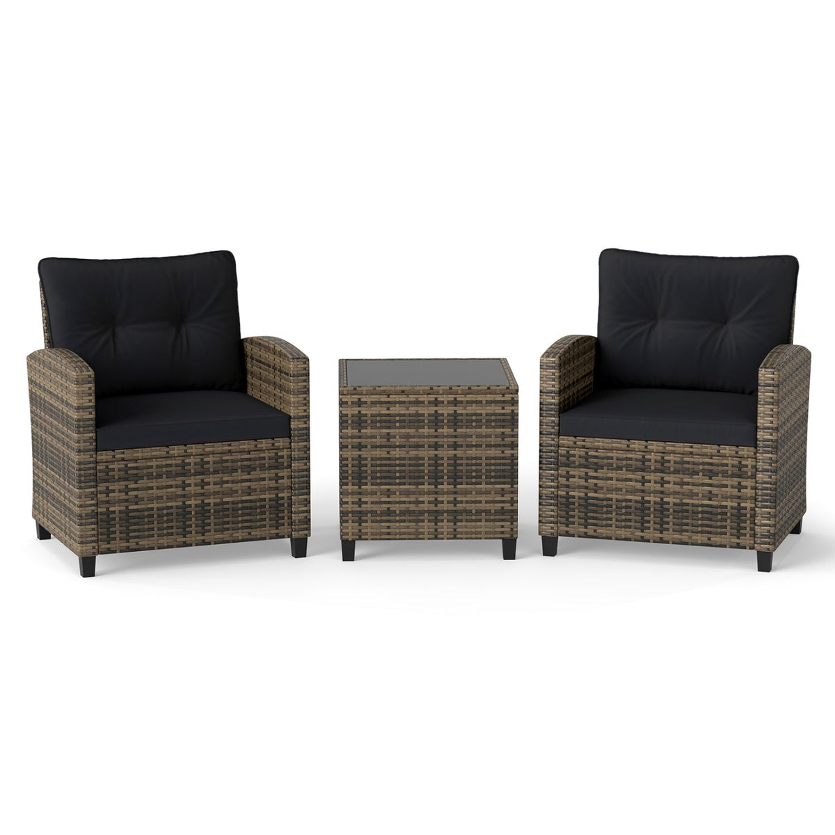 3 Piece Patio Rattan Conversation Set, Brown Weave with Black Cushions, 400 lb Chairs and a Glass Top Table