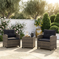 3 Piece Patio Rattan Conversation Set, Brown Weave with Black Cushions, 400 lb Chairs and a Glass Top Table