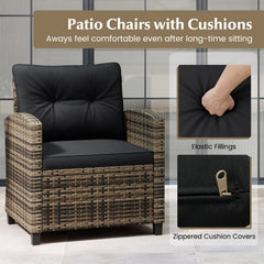 3 Piece Patio Rattan Conversation Set, Brown Weave with Black Cushions, 400 lb Chairs and a Glass Top Table