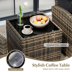 3 Piece Patio Rattan Conversation Set, Brown Weave with Black Cushions, 400 lb Chairs and a Glass Top Table