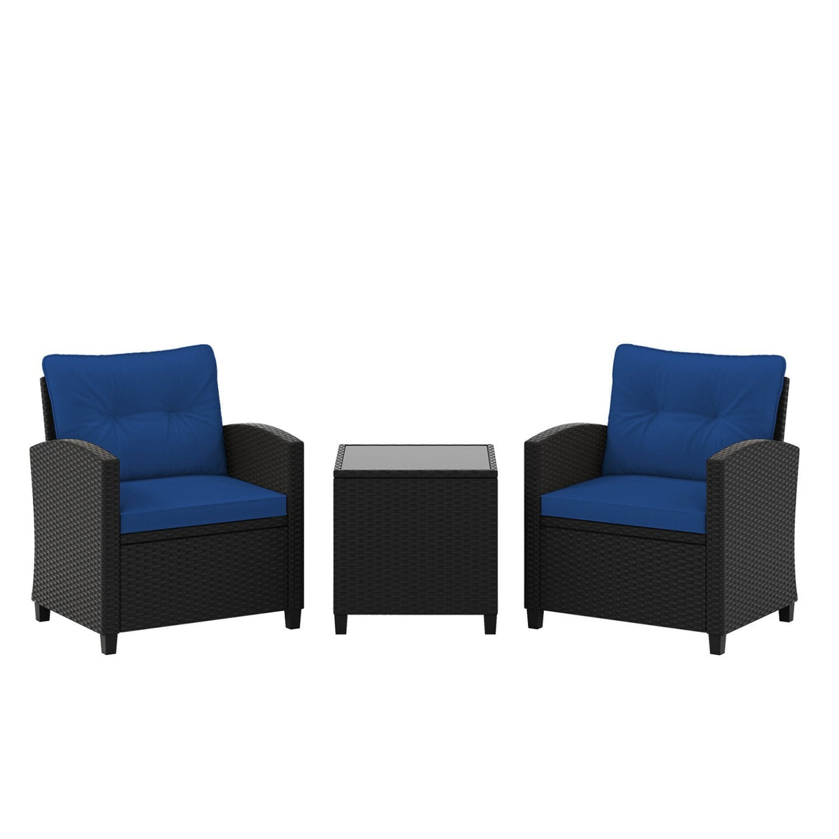 3 Piece Patio Rattan Conversation Set, 2 Armchairs Rated 400 lb with Navy Cushions and a Tempered Glass Top Table