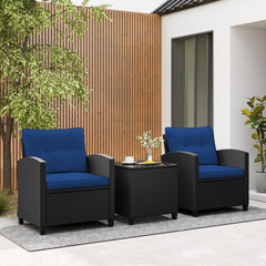 3 Piece Patio Rattan Conversation Set, 2 Armchairs Rated 400 lb with Navy Cushions and a Tempered Glass Top Table