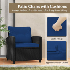 3 Piece Patio Rattan Conversation Set, 2 Armchairs Rated 400 lb with Navy Cushions and a Tempered Glass Top Table
