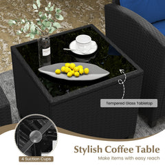3 Piece Patio Rattan Conversation Set, 2 Armchairs Rated 400 lb with Navy Cushions and a Tempered Glass Top Table