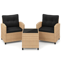 3 Piece Patio Rattan Conversation Set, Tan Weave with Black Cushions, 30.5 in Chairs Rated 400 lb
