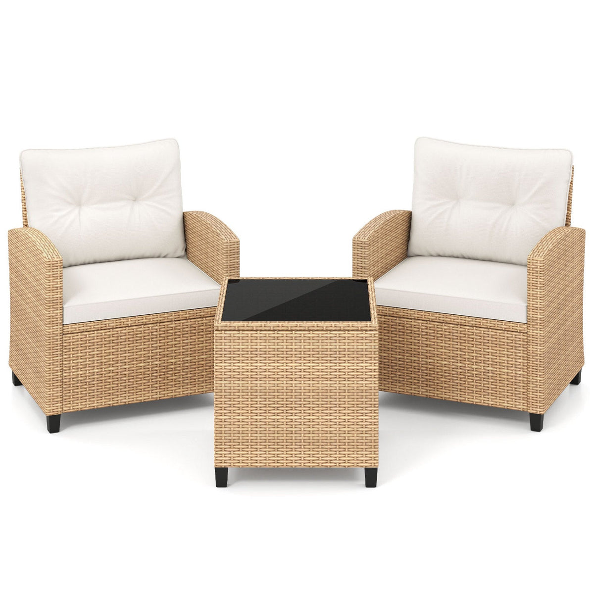 3 Piece Patio Rattan Conversation Set, Tan Weave with Cream Cushions, 30.5 in Chairs Rated 400 lb