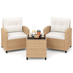 3 Piece Patio Rattan Conversation Set, Tan Weave with Cream Cushions, 30.5 in Chairs Rated 400 lb