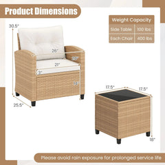 3 Piece Patio Rattan Conversation Set, Tan Weave with Cream Cushions, 30.5 in Chairs Rated 400 lb