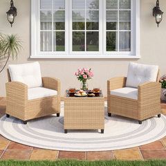 3 Piece Patio Rattan Conversation Set, Tan Weave with Cream Cushions, 30.5 in Chairs Rated 400 lb