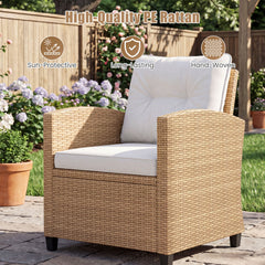 3 Piece Patio Rattan Conversation Set, Tan Weave with Cream Cushions, 30.5 in Chairs Rated 400 lb
