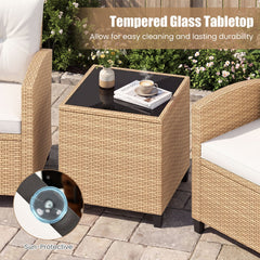 3 Piece Patio Rattan Conversation Set, Tan Weave with Cream Cushions, 30.5 in Chairs Rated 400 lb