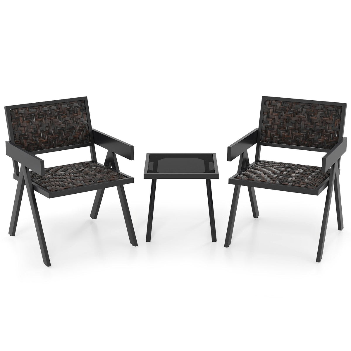 3 Piece Patio Wicker Bistro Set, 2 Black Metal Armchairs Rated 330 lb with Quick Dry Foam Padded Woven Seats and a Glass Top Table