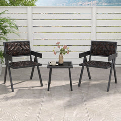 3 Piece Patio Wicker Bistro Set, 2 Black Metal Armchairs Rated 330 lb with Quick Dry Foam Padded Woven Seats and a Glass Top Table
