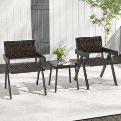 3 Piece Patio Wicker Bistro Set, 2 Black Metal Armchairs Rated 330 lb with Quick Dry Foam Padded Woven Seats and a Glass Top Table