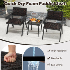 3 Piece Patio Wicker Bistro Set, 2 Black Metal Armchairs Rated 330 lb with Quick Dry Foam Padded Woven Seats and a Glass Top Table