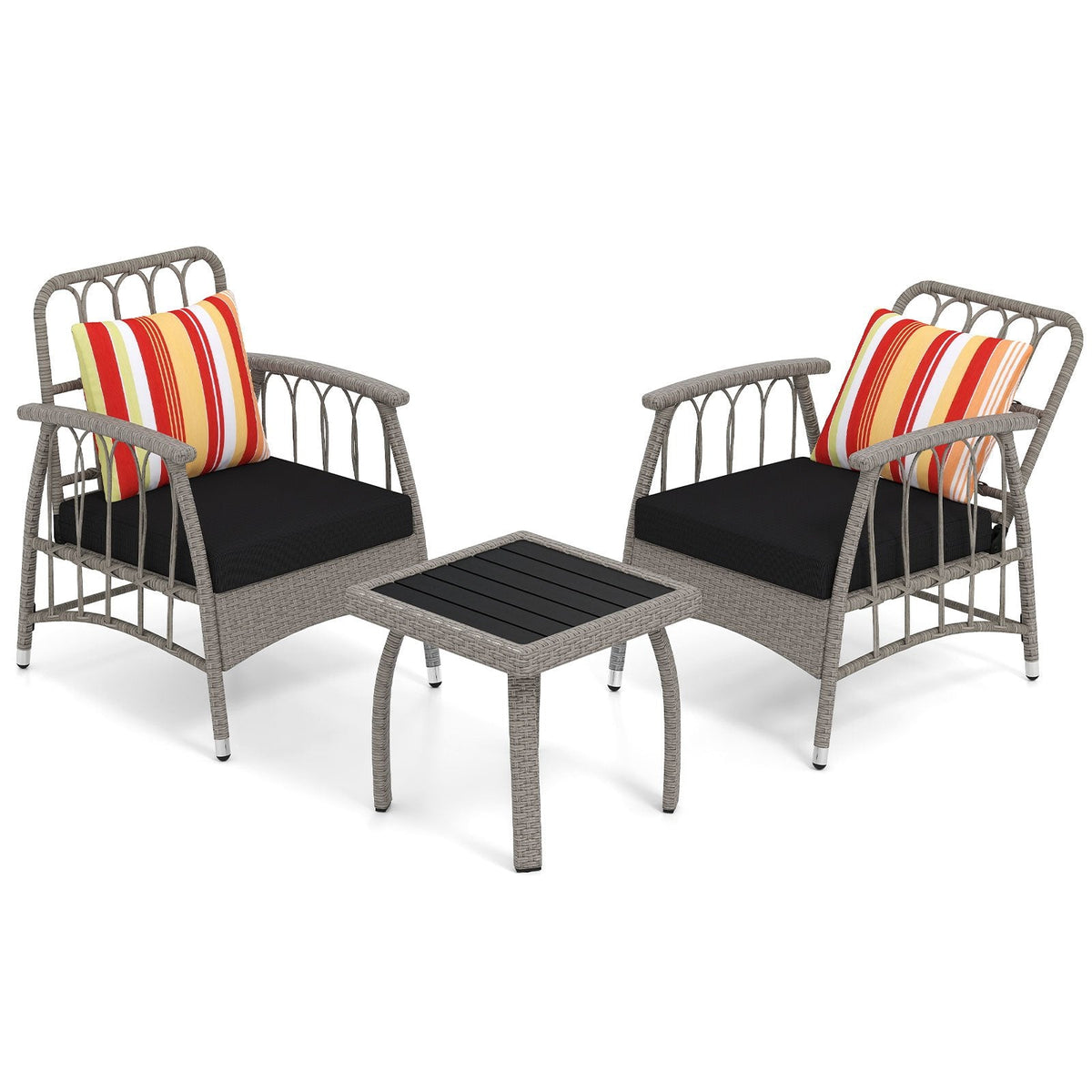 3 Piece Patio Wicker Set, 2 Grey Armchairs with 5 Level Adjustable Backrests Rated 355 lb, Black Cushions and a 19 in Slatted Table