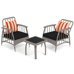 3 Piece Patio Wicker Set, 2 Grey Armchairs with 5 Level Adjustable Backrests Rated 355 lb, Black Cushions and a 19 in Slatted Table