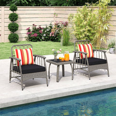 3 Piece Patio Wicker Set, 2 Grey Armchairs with 5 Level Adjustable Backrests Rated 355 lb, Black Cushions and a 19 in Slatted Table